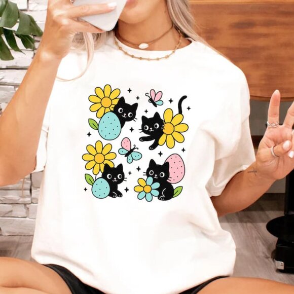 Tops - Easter Cute Cat Tshirt, Easter Day Cat Graphic Tee, Gift For Cat Lover